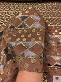 French Geometric Burnout Metallic Panné Velvet on Soft Faille Base - Cognac / Gold / Charcoal