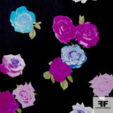 Multicolor Rose Floral Printed Silk Chiffon - Black/Purple/Blue