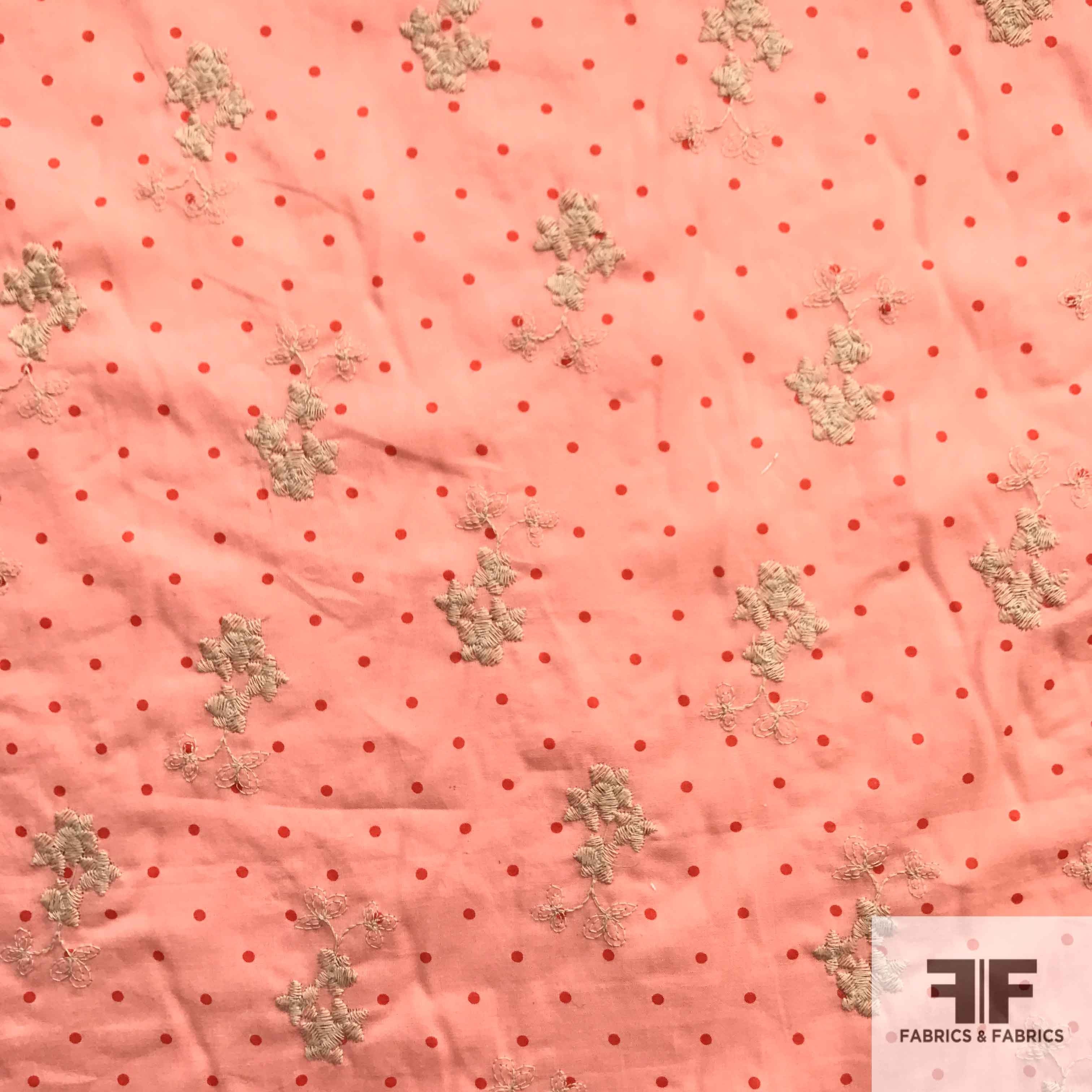 Polka Dot and Floral Embroidered Cotton - Pink/Cream/Red