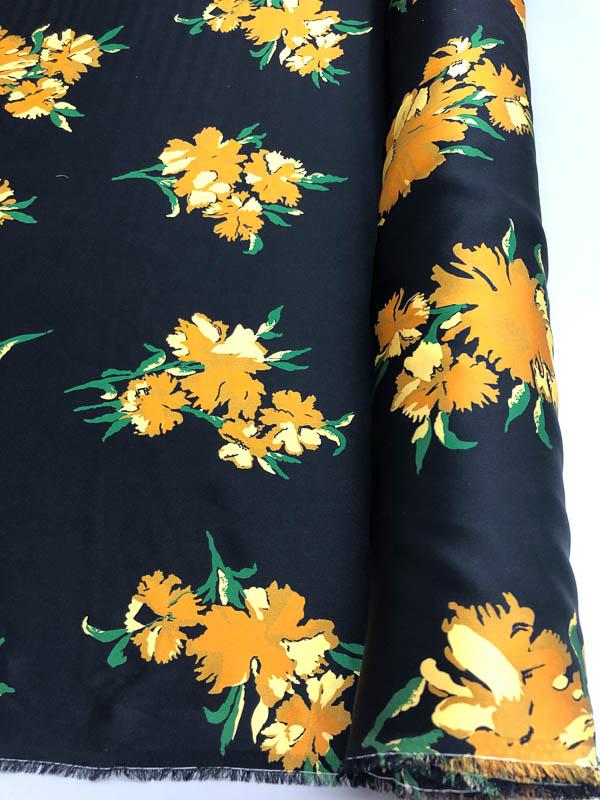 Floral Silk Charmeuse - Black, Orange, Yellow And Green