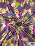 Tropical Floral Printed Silk Charmeuse - Purple / Turquoise / Yellow / Greens