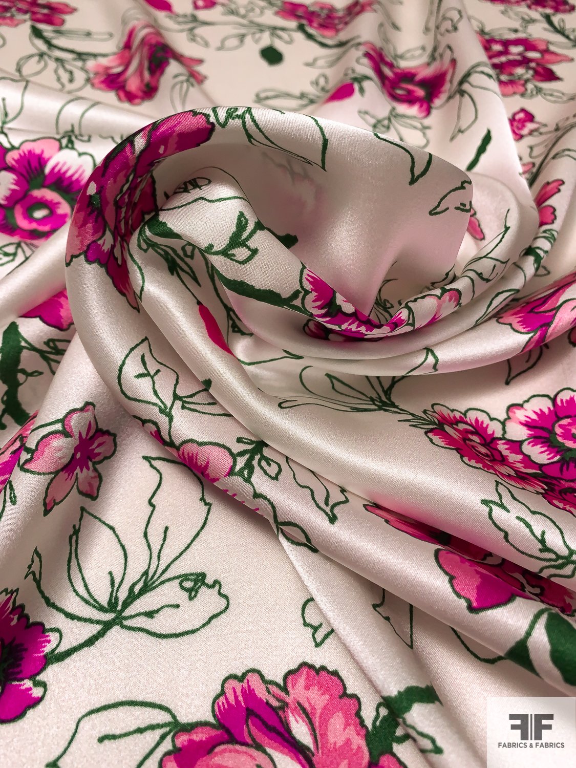 Floral Printed Silk Charmeuse - Magenta / Evergreen / Off-White