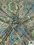 Paisley Rug Inspired Printed Silk Charmeuse - Shades of Green / Turquoise / Maroon
