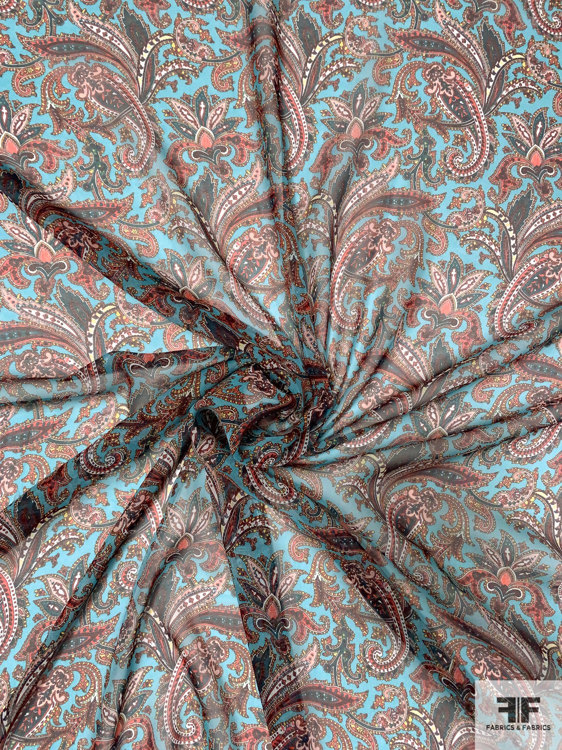 Paisley Printed Silk Chiffon - Turquoise-Aqua / Red / Multicolor