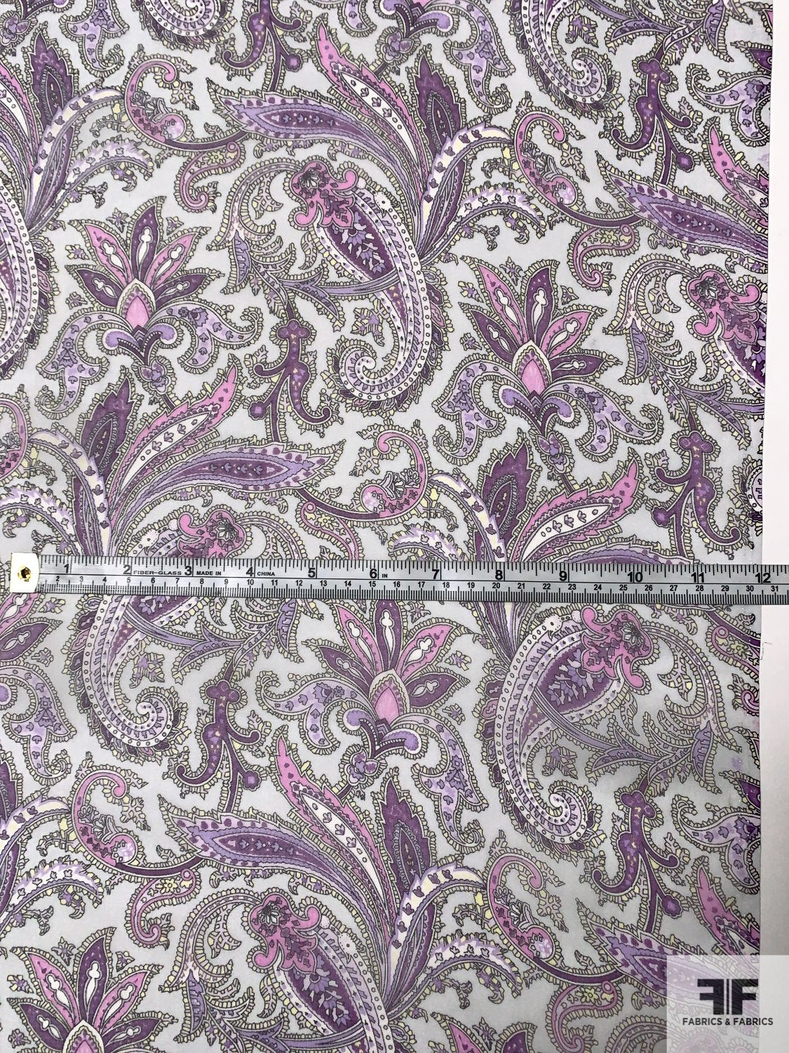 Paisley Printed Silk Chiffon - Shades of Purple / Orchid / Black / White