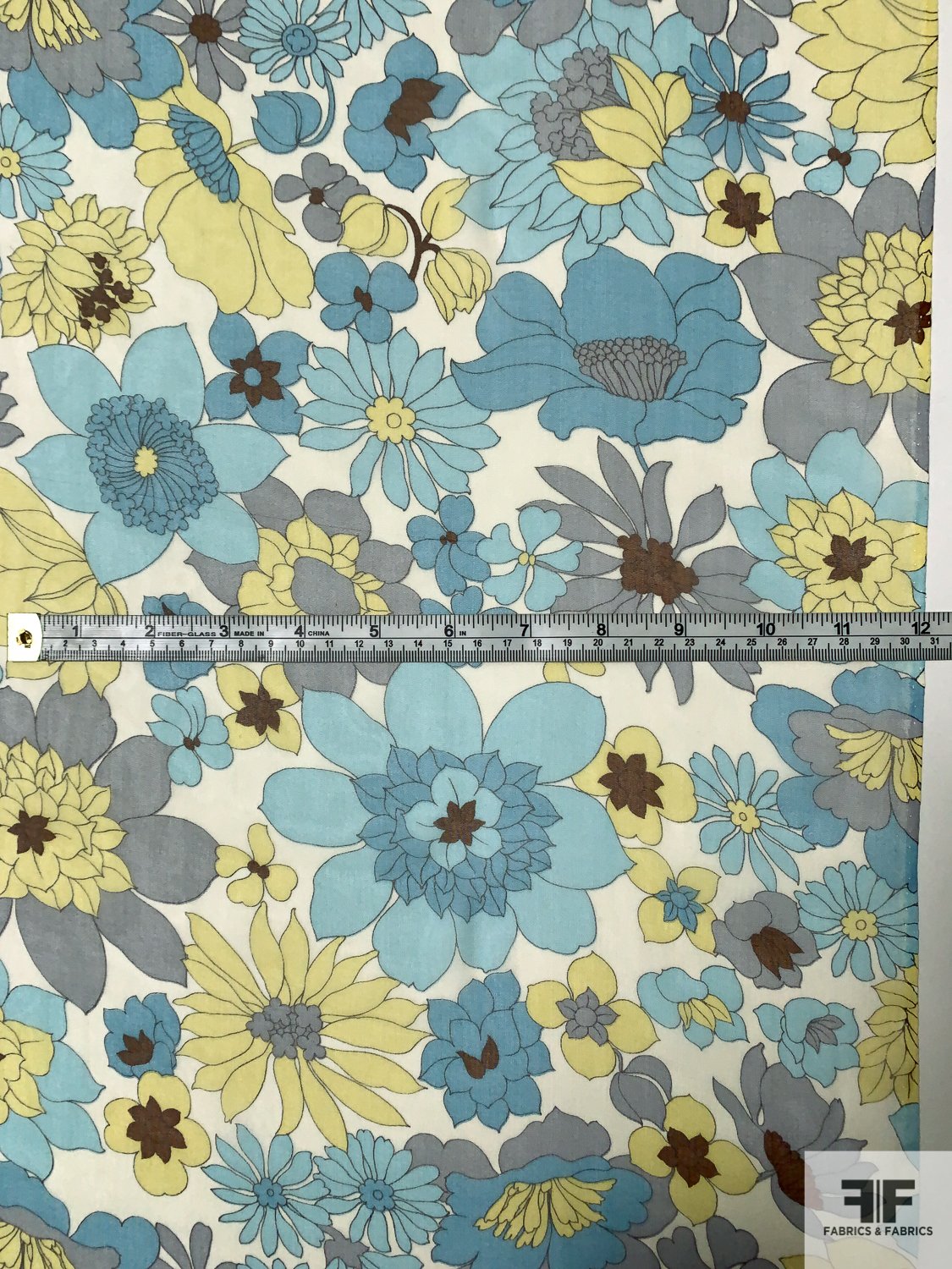 Floral Blossoms Printed Silk Chiffon - Robin Egg Blue / Dusty Blue / Yellow / Brown