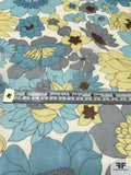 Floral Blossoms Printed Silk Chiffon - Robin Egg Blue / Dusty Blue / Yellow / Brown