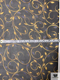 Ornate Leaf Stems Printed Silk Chiffon - Black / Antique Gold / Royal Blue