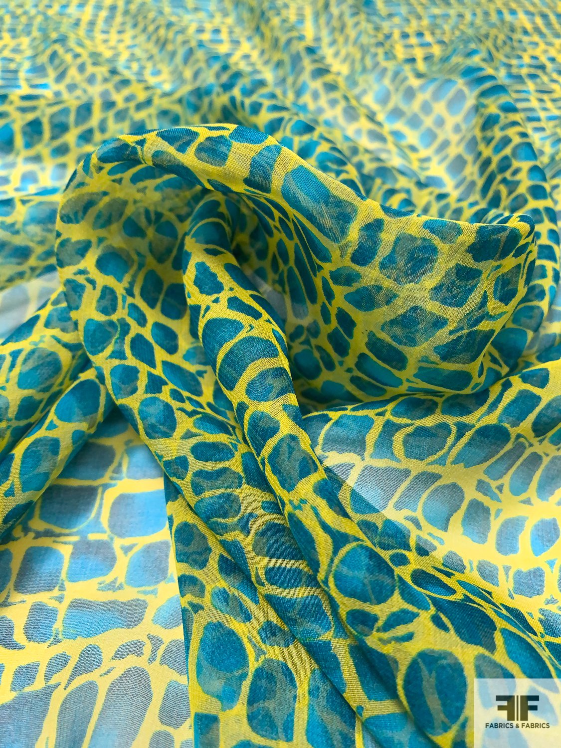 Animal-Like Pattern Printed Silk Chiffon - Bold Yellow / Shades of Blue