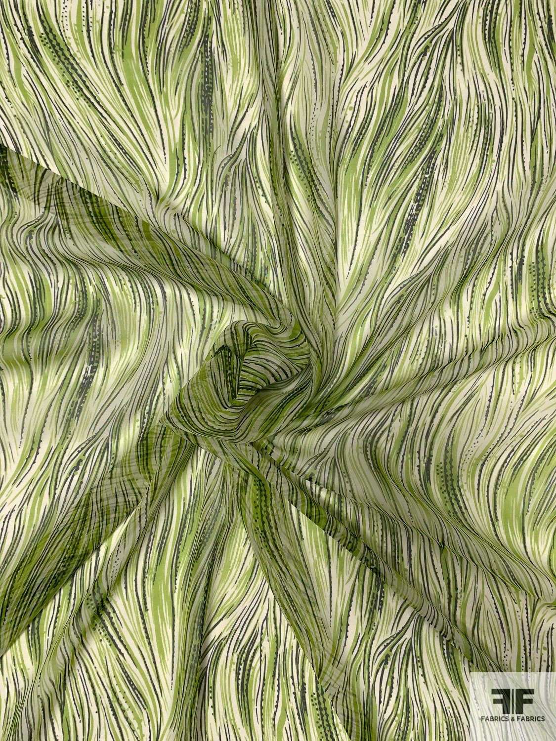 Long Wavy Mane Printed Silk Chiffon - Shades of Green / Ivory