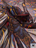 Paisley Leaf Printed Silk Chiffon - Brown / Turmeric / Blue / Maroon
