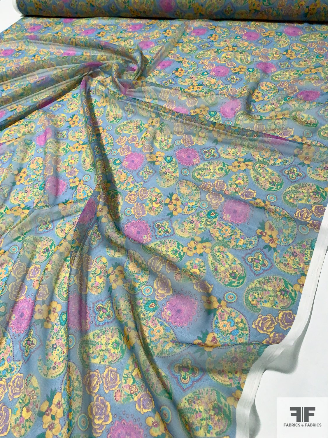 Paisley Floral Printed Silk Chiffon - Yellow / Hot Pink / Shades of Blue / Green