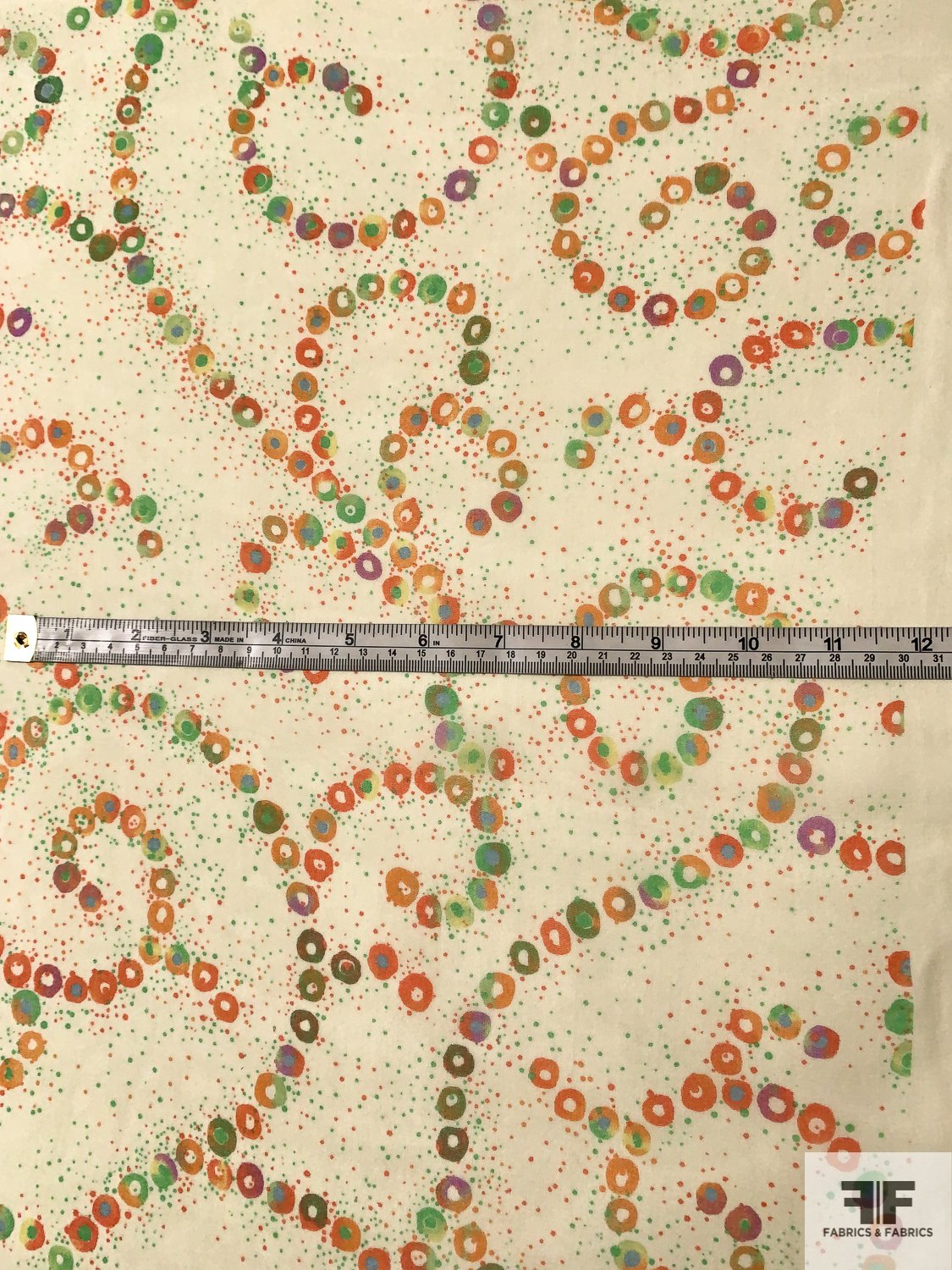 Circles in Swirl Printed Silk Chiffon - Light Eggnog / Orange / Green