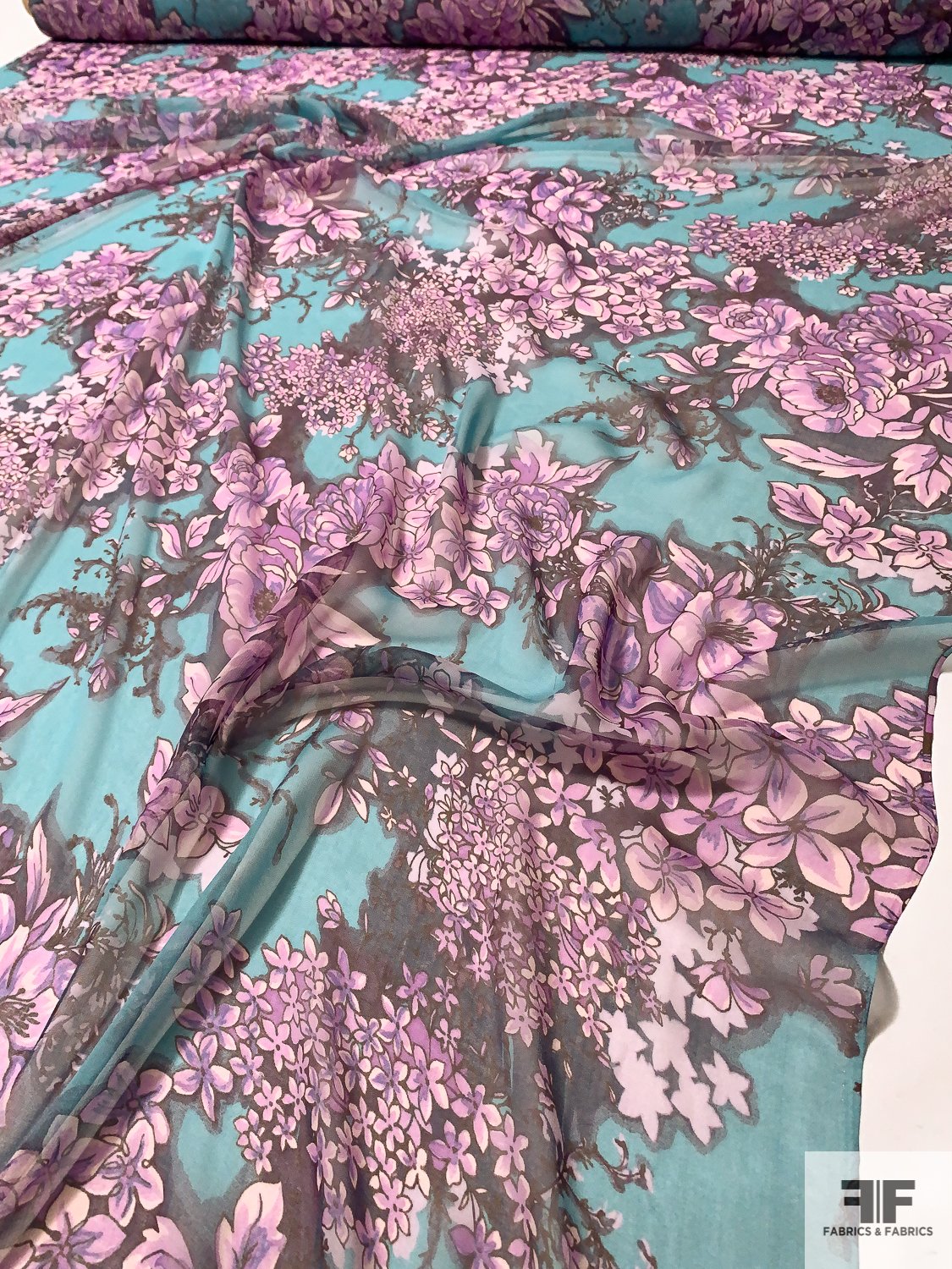 Trailing Floral Printed Silk Chiffon - Turquoise / Plum / Orchid