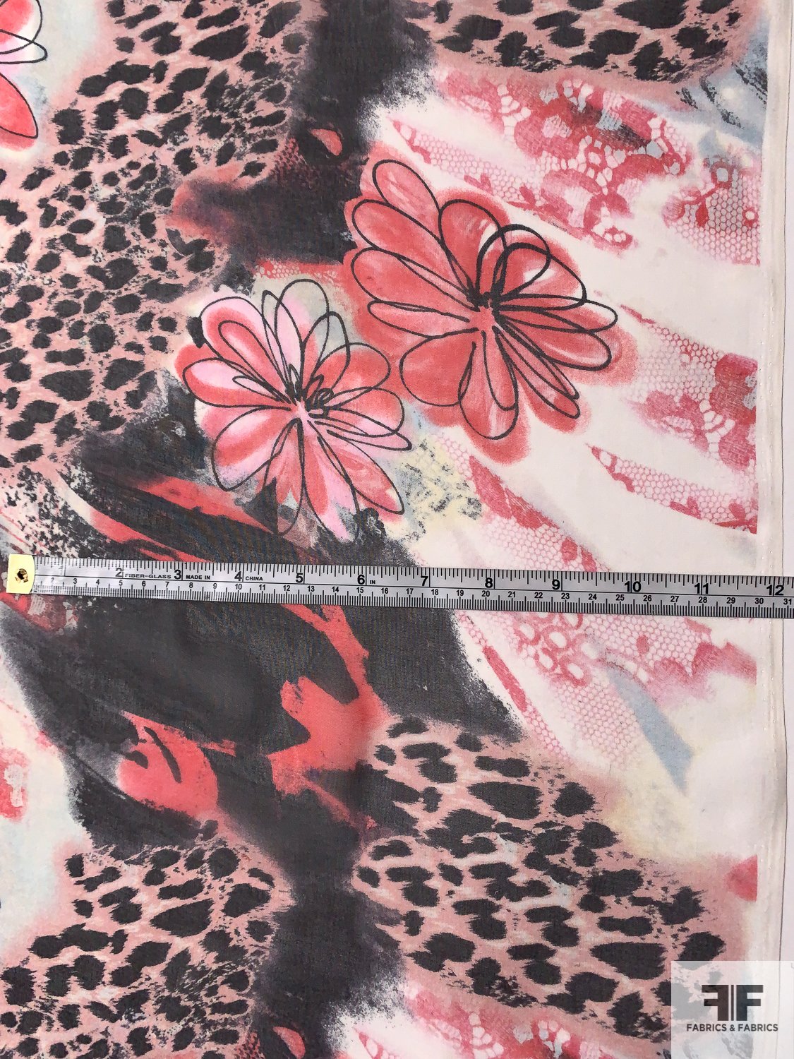 Floral Sketch and Animal Collage Printed Silk Chiffon - Coral / Black / White