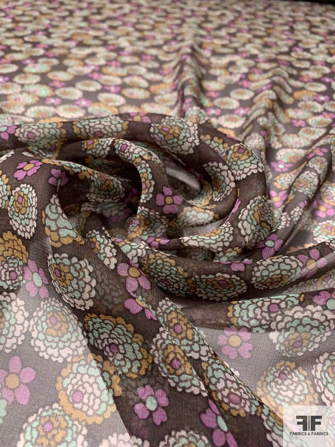 Budding Floral Printed Silk Chiffon - Dark Brown / Orchid / Off-White / Seafoam