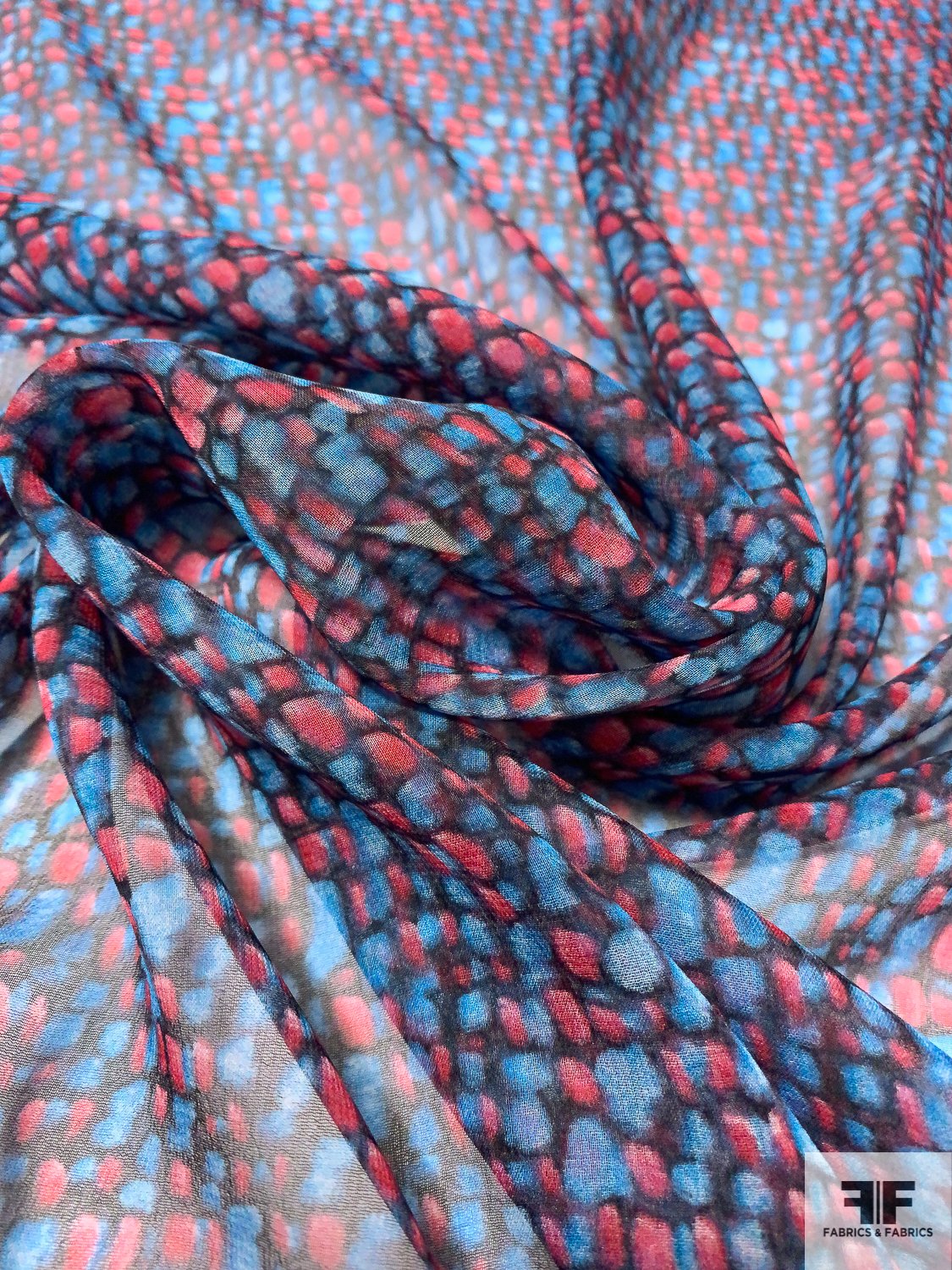 Pebble-Look Printed Silk Chiffon - Navy / Blue / Red