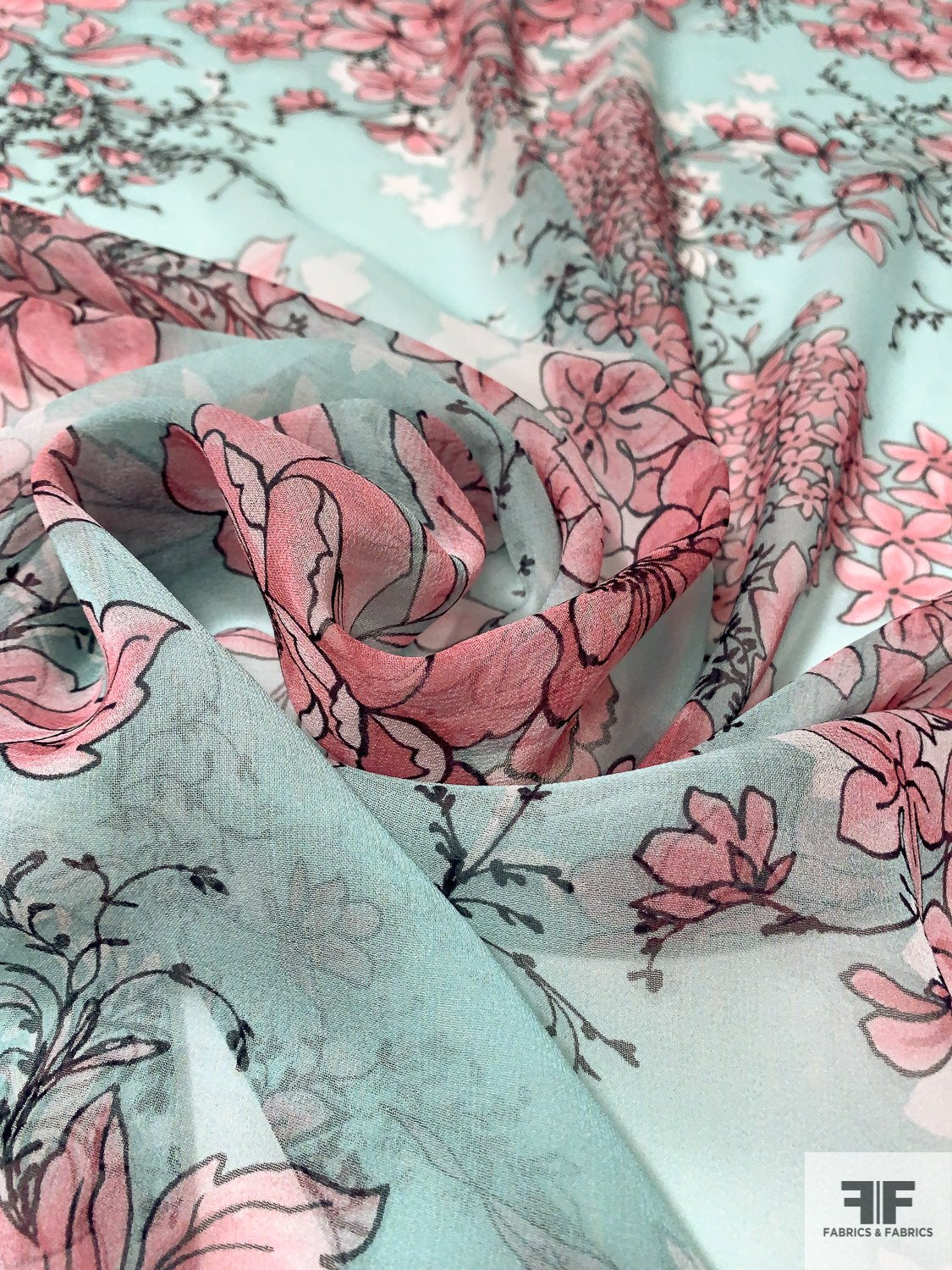 Dreamy Floral Printed Silk Chiffon - Rose Pink / Seafoam / Black