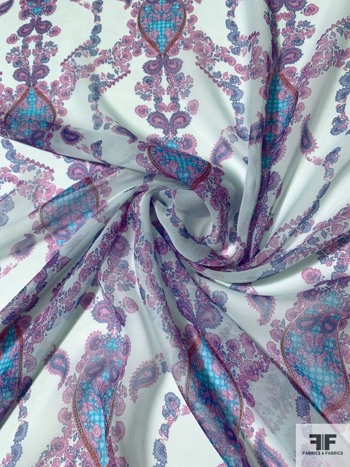 Paisley Vine Printed Silk Chiffon - Light Seafoam / Orchid / Lavender / Turqouise