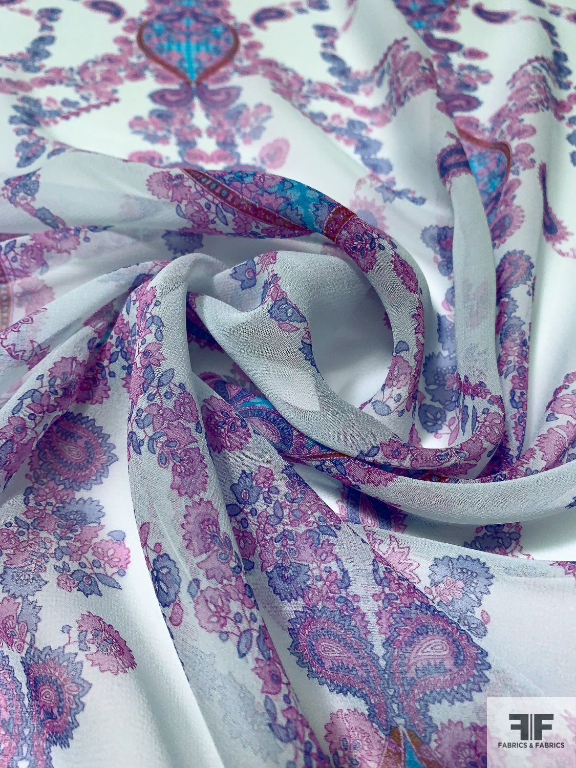 Paisley Vine Printed Silk Chiffon - Light Seafoam / Orchid / Lavender / Turqouise