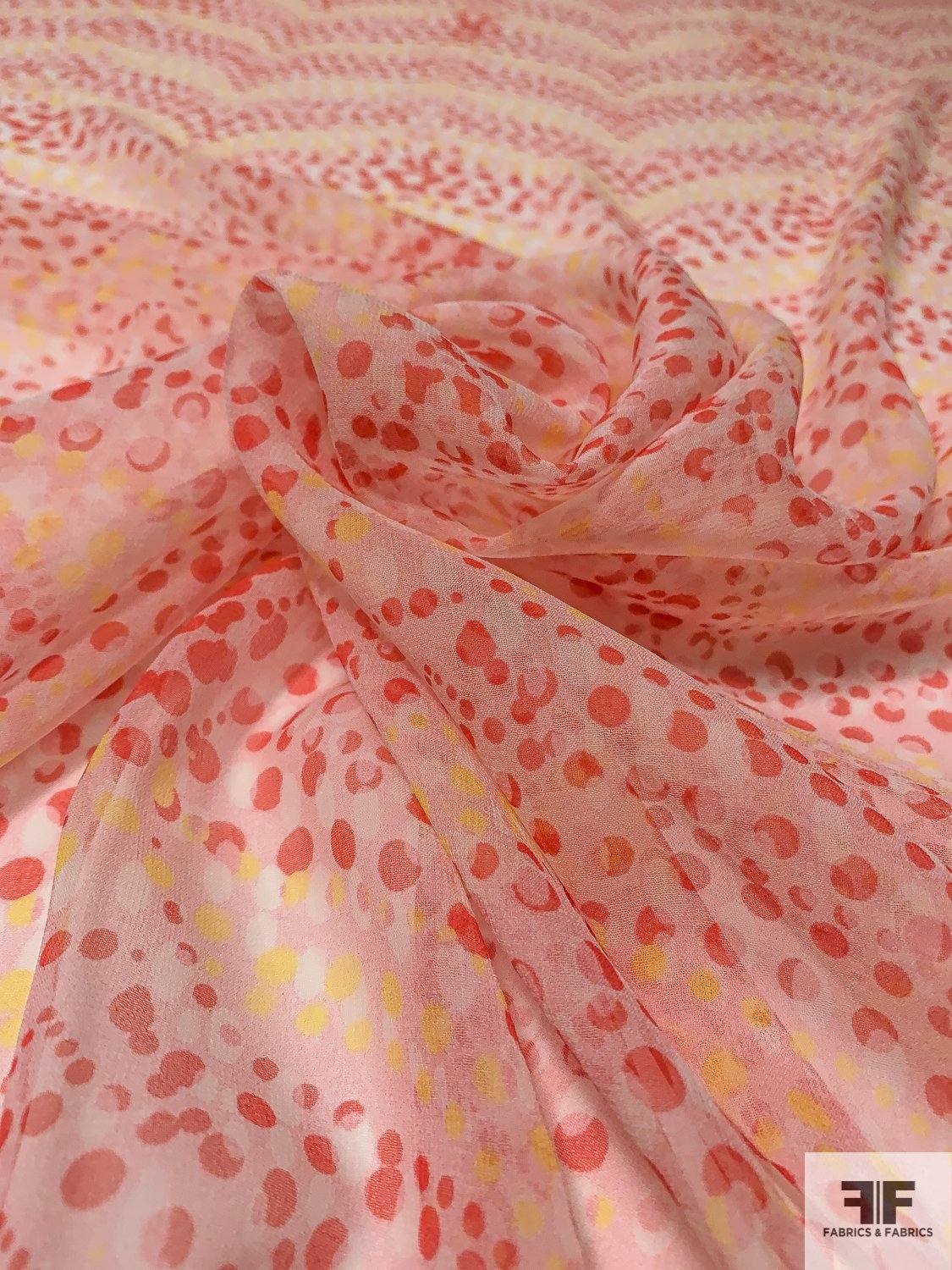 Curvy Dotted Chevron Printed Silk Chiffon - Berry-Coral / Light Pink / Yellow / White