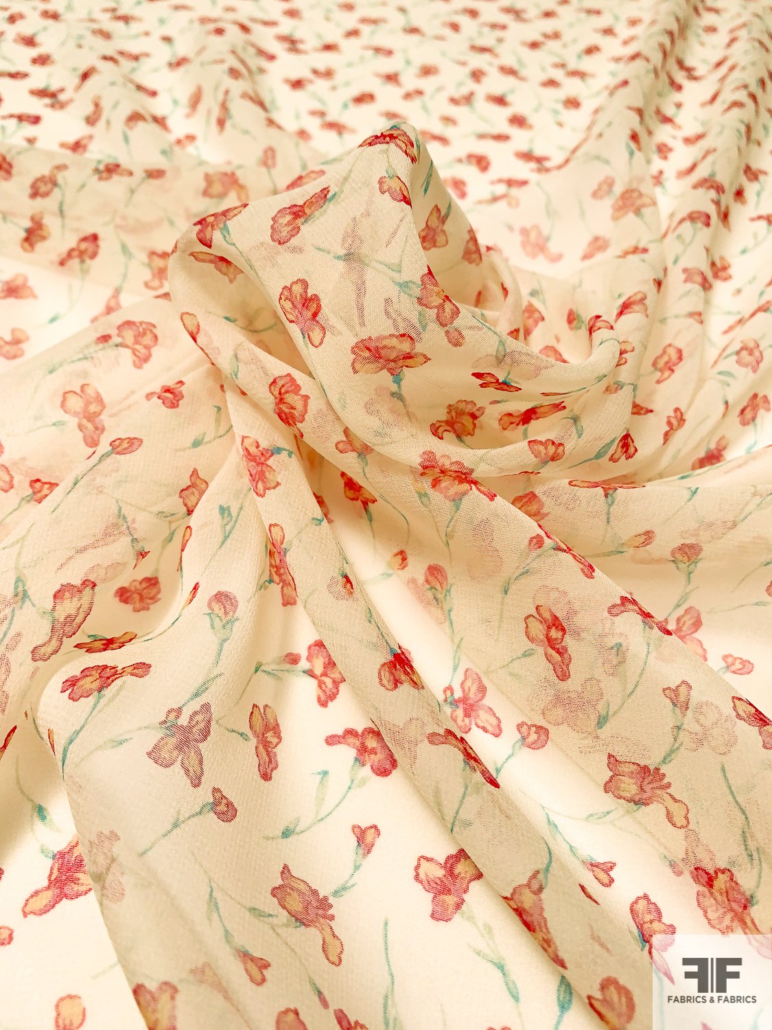 Dainty Floral Printed Silk Chiffon - Ivory / Red / Turquoise
