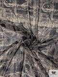 Plaid and Whirling Plant Stems Printed Silk Chiffon - Black / Beige