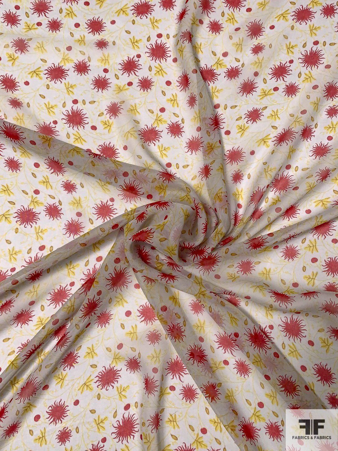 Flaming Sun and Leaf Printed Silk Chiffon - Red / Yellow / Grey