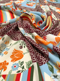 Floral and Striped Collage Printed Silk Georgette - Maroon / Sky Blue / Orange