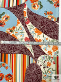 Floral and Striped Collage Printed Silk Georgette - Maroon / Sky Blue / Orange