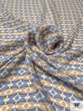 Art Deco Linear Pattern Printed Silk Georgette - Periwinkle / Tan / Cream