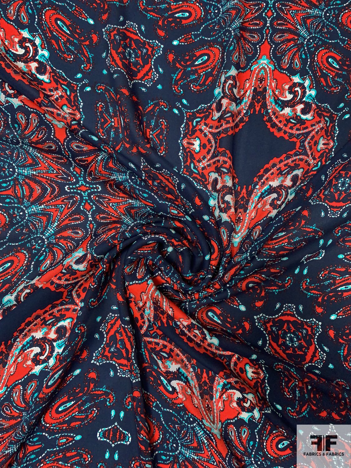 Ornate Paisley-Like Printed Silk Georgette - Navy / Red / Sky Blue / White