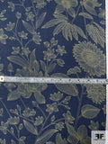 Sunflower and Floral Printed Silk Georgette - Dark Blue / Olive Green