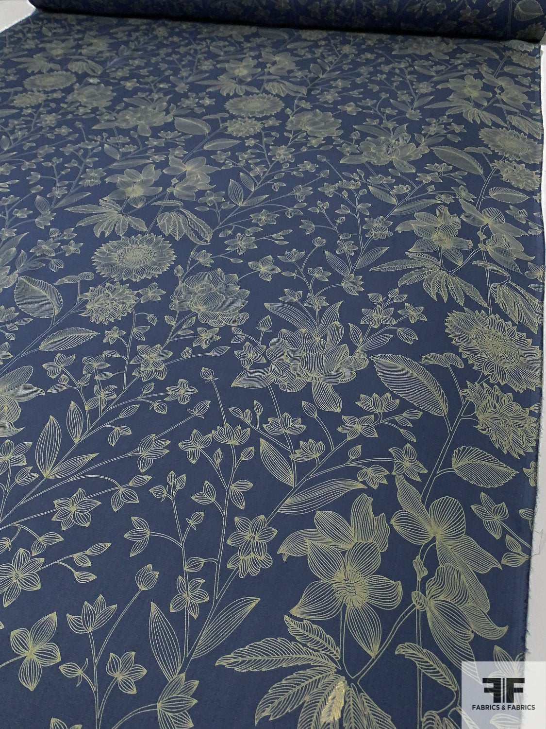 Sunflower and Floral Printed Silk Georgette - Dark Blue / Olive Green