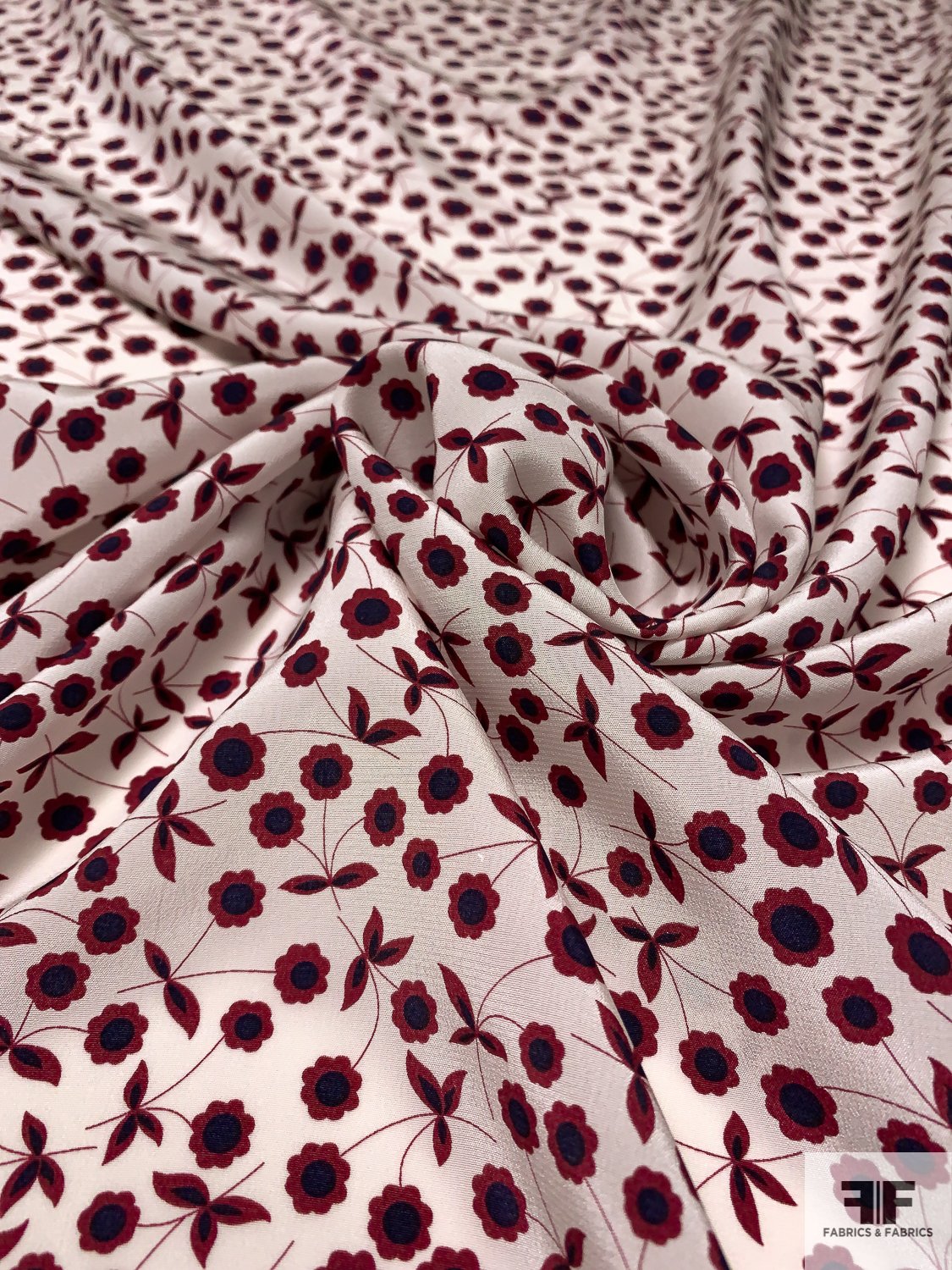 Ditsy Floral Printed Silk Crepe de Chine - Wine Red / Navy / White