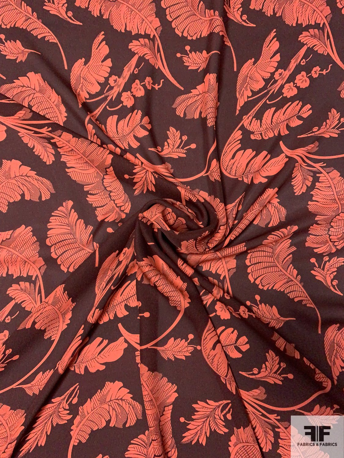 Large Scale Fern Leaf Printed Silk Georgette - Maroon / Dark Coral