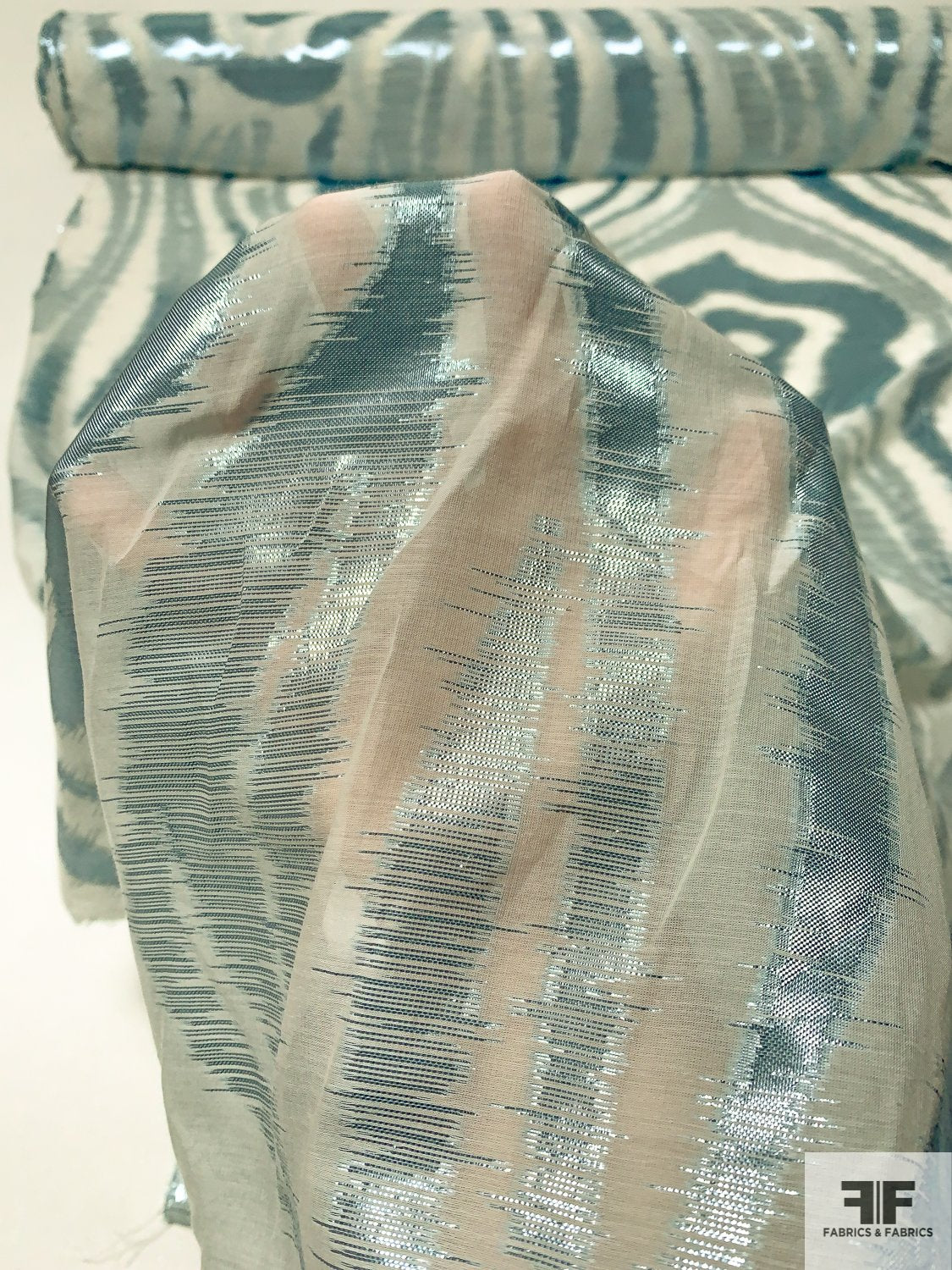 Italian Silk and Lurex Chiffon with Striations and Circles - Metallic Icy Seafoam / Off-White
