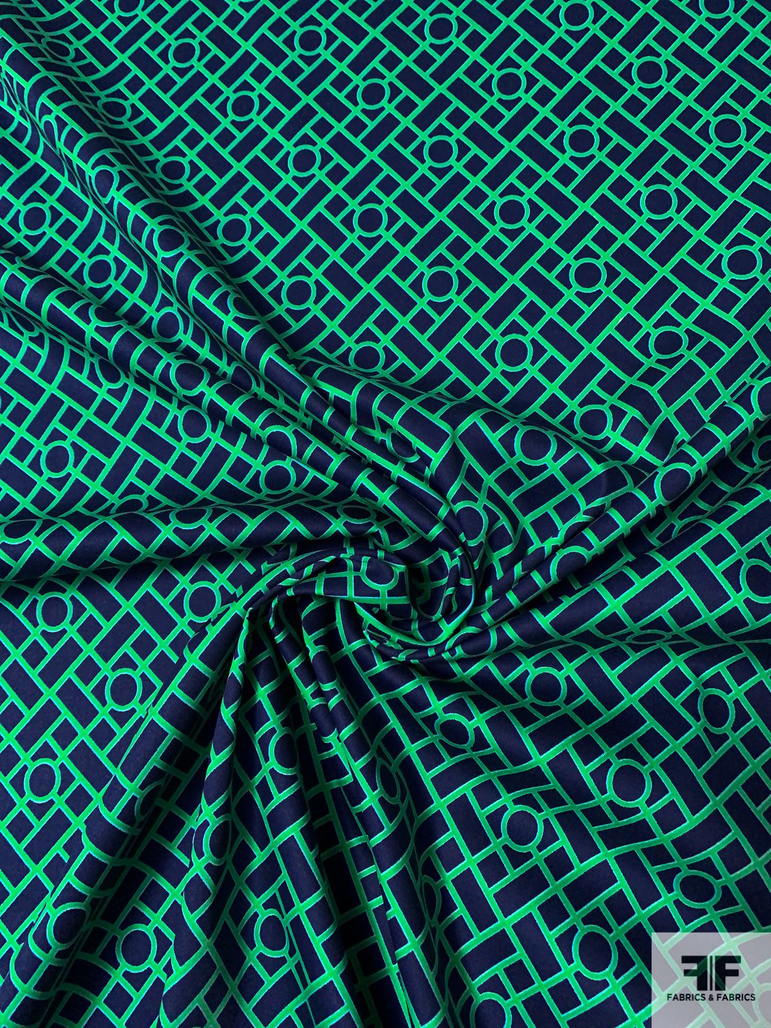 Art Deco Geometric Printed Stretch Cotton Sateen - Navy / Green / Sky Blue