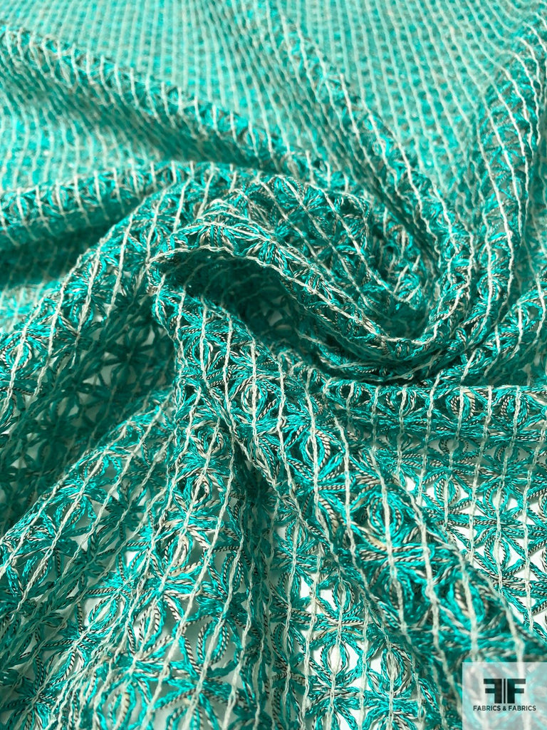 Italian Open Weave Pattern Rayon-Cotton Blend Novelty - Turquoise/White ...