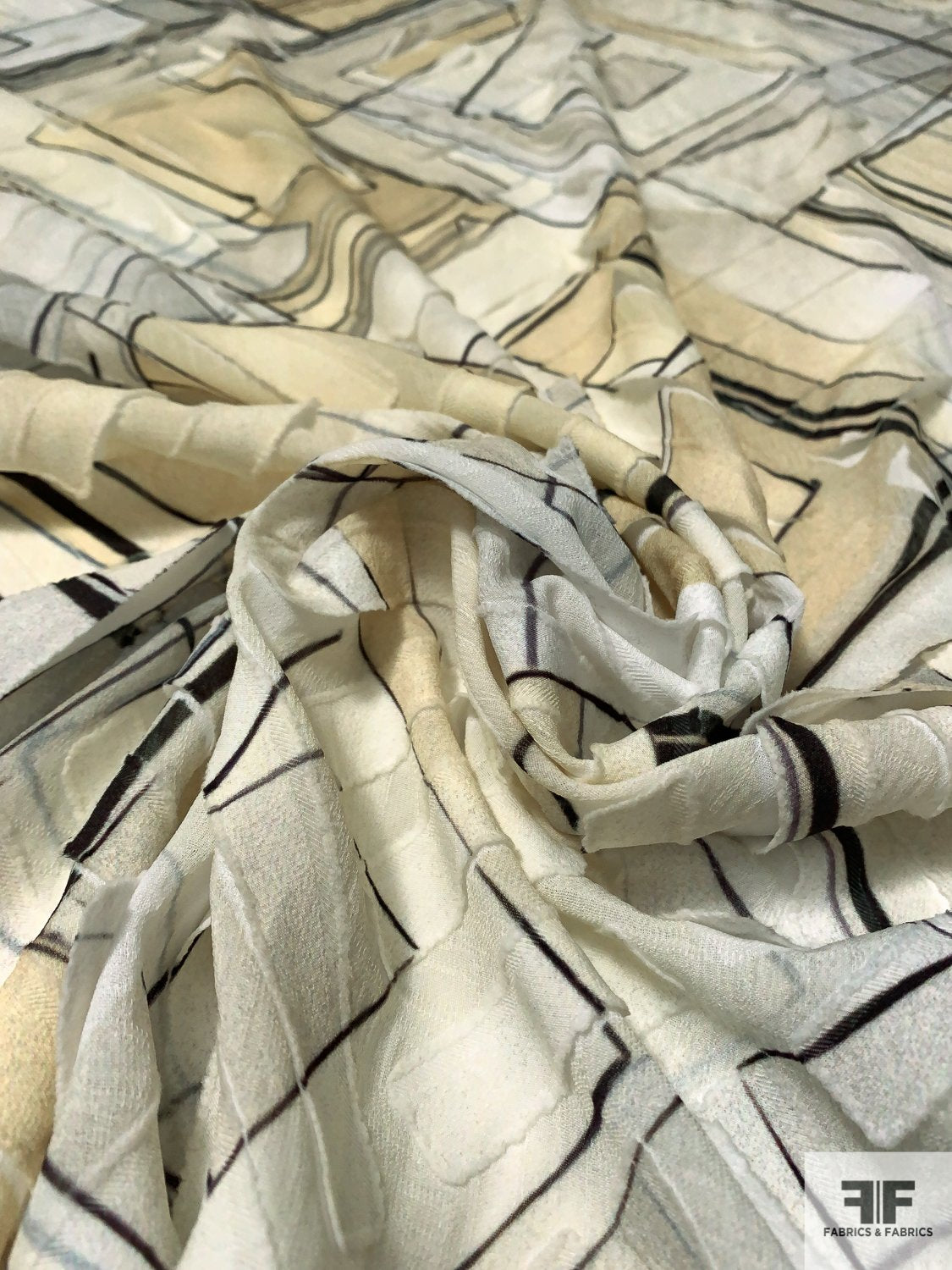 Italian Geometric 3D Burnout Printed Silk and Cotton Voile - Ivory / Cream / Beige / Black