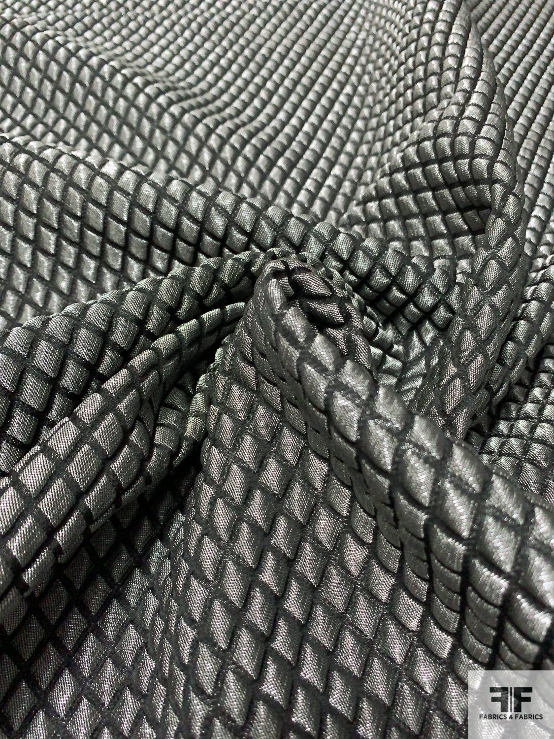 Crosshatch Pattern Quilt-Like Metallic Brocade - Dark Metallic Grey / Black