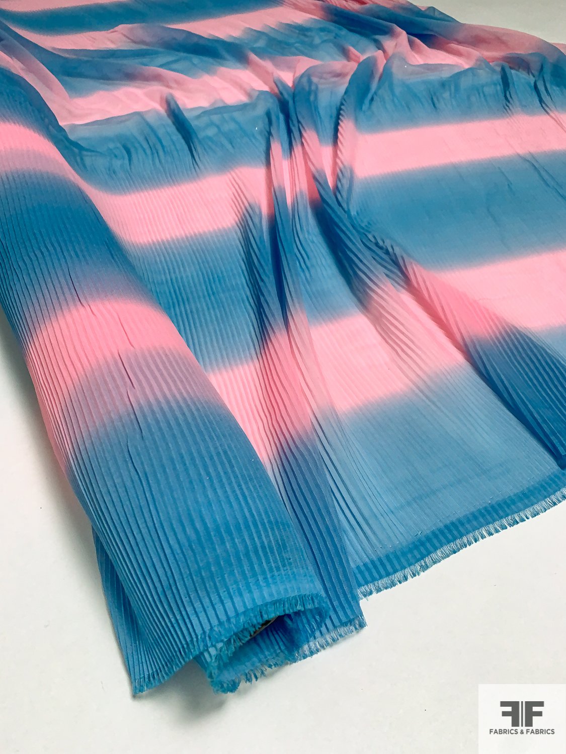 Pleated Tie-Dye Striped Polyester Chiffon - Soft Blue / Pink