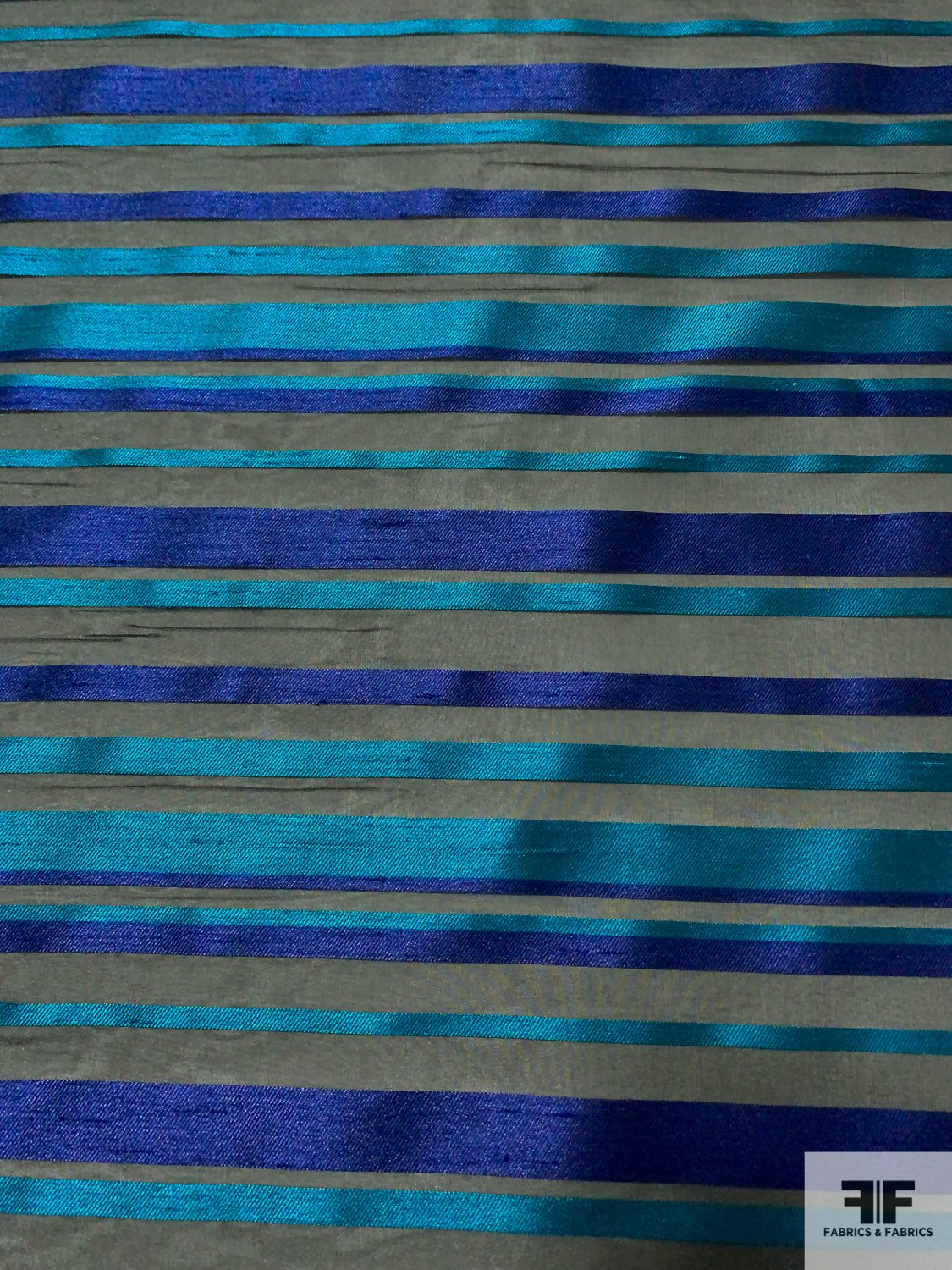 Italian Polyester Organza with Horizontal Twill Striped Design - Teal / Royal / Black