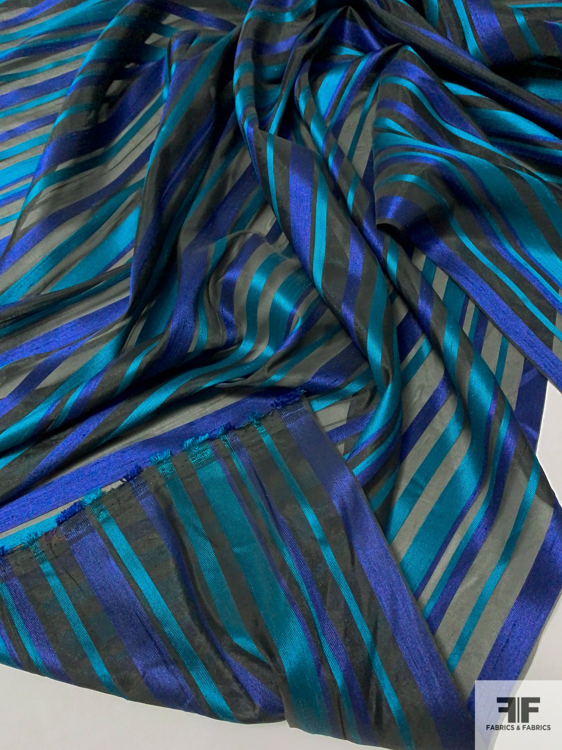 Italian Polyester Organza with Horizontal Twill Striped Design - Teal / Royal / Black