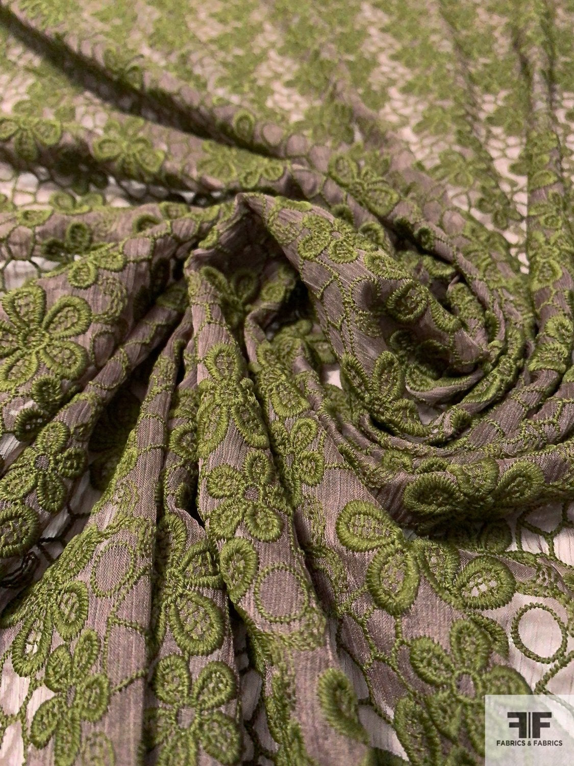 Floral Embroidery on Crinkled Chiffon - Olive Green / Dark Taupe