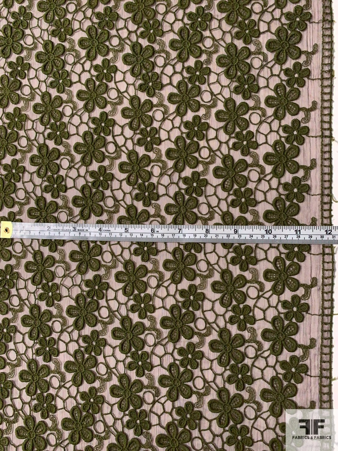 Floral Embroidery on Crinkled Chiffon - Olive Green / Dark Taupe