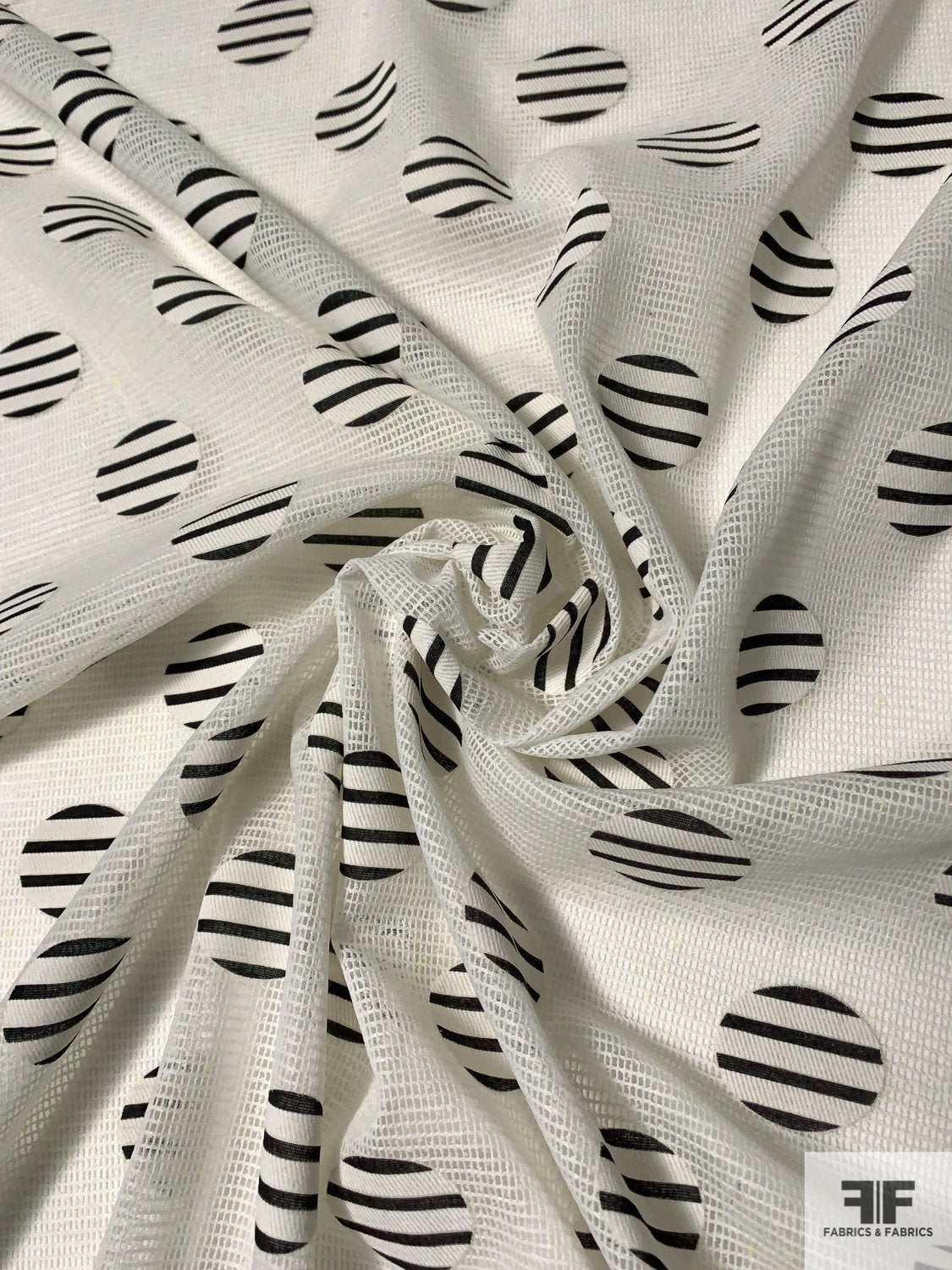 Striped Circles Appliqued to Novelty Mesh Gazar - Black / White