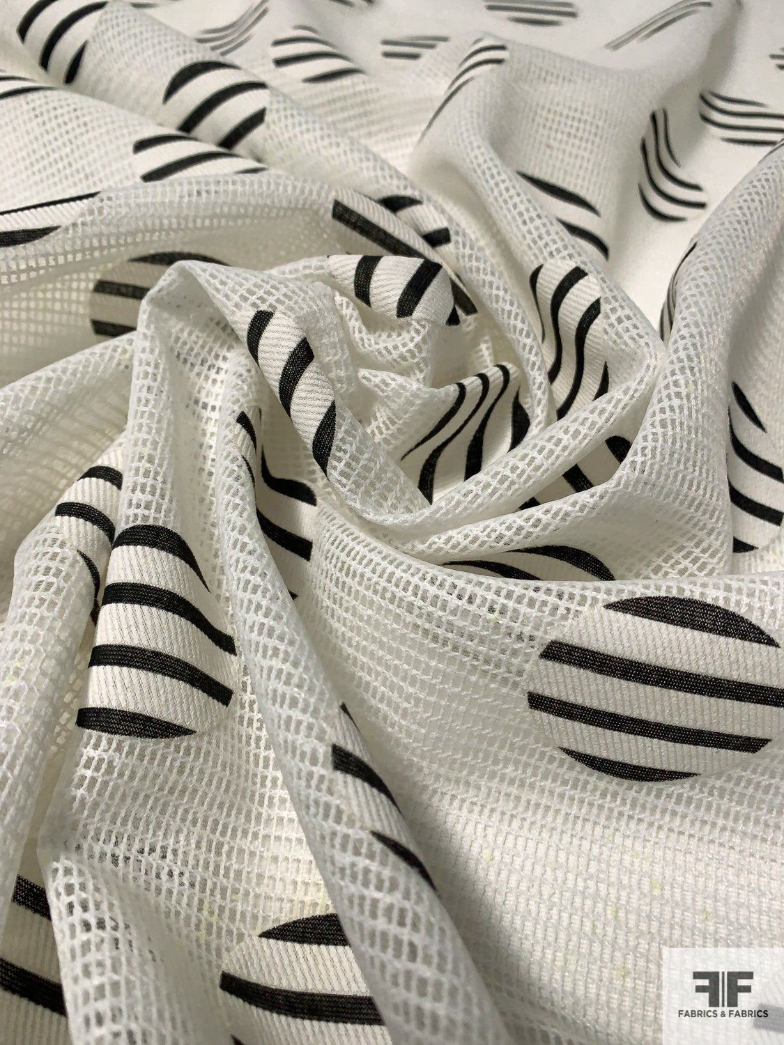 Striped Circles Appliqued to Novelty Mesh Gazar - Black / White