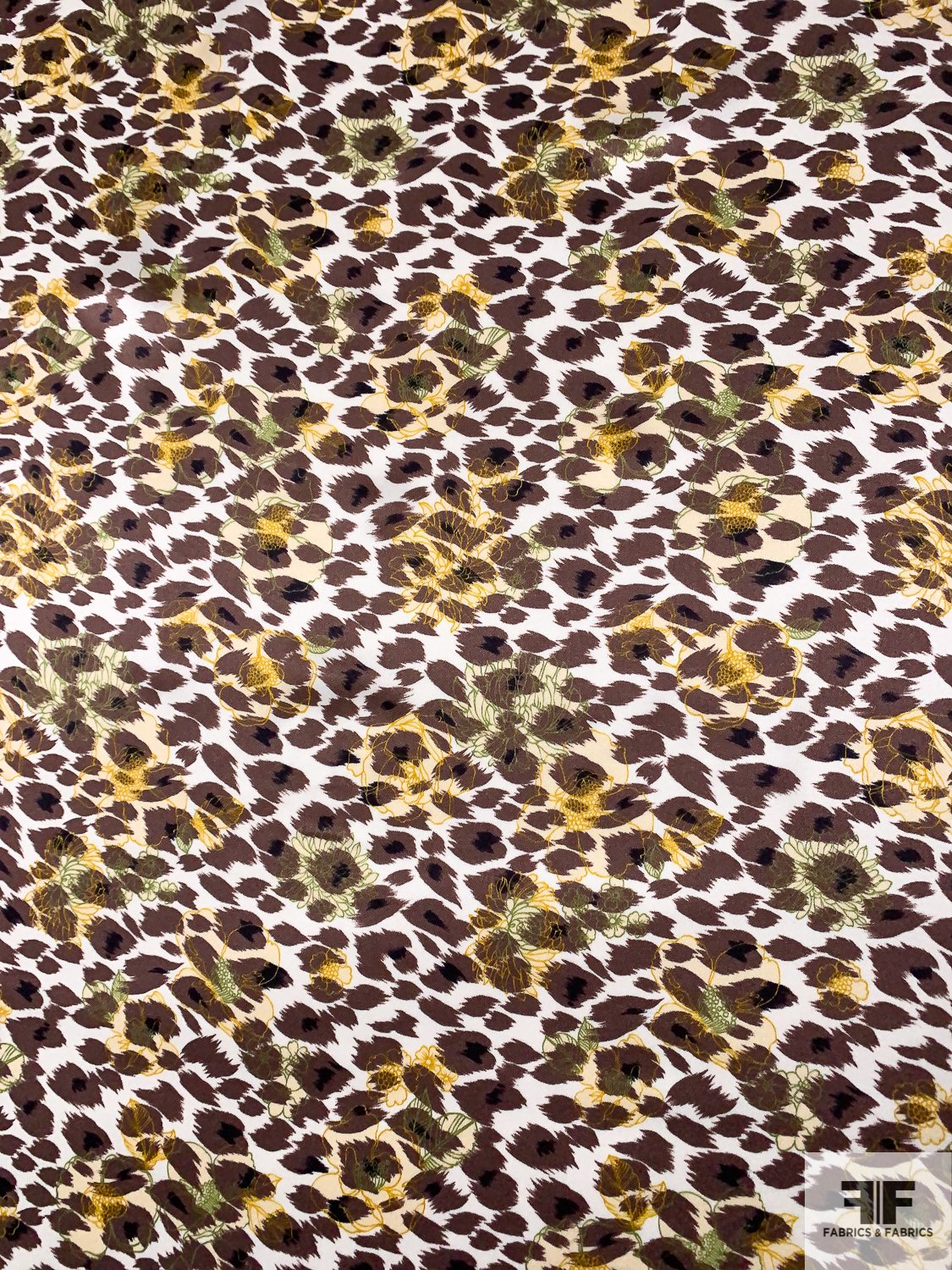 Animal Pattern with Floral Sketch Printed Silk Charmeuse - Brown / Ivory / Yellow / Green