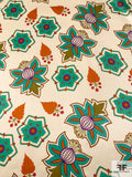 Graphic Leaf Floral Printed Silk Charmeuse - Turquoise / Ivory / Orange / Purple
